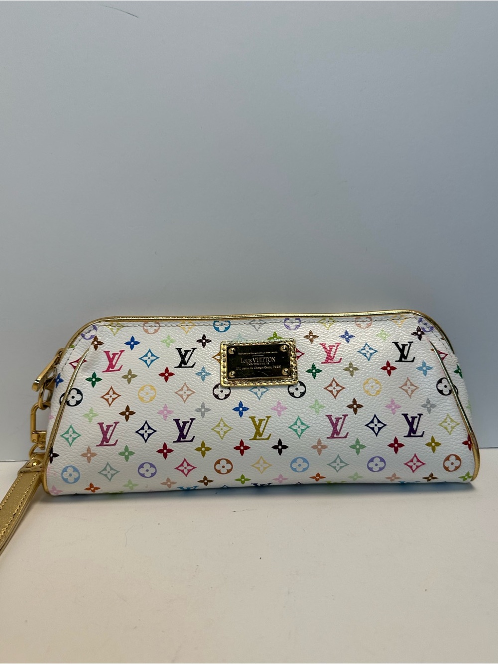 Louis Vuitton White Multicolor Monogram Wristlet with Gold Hardware